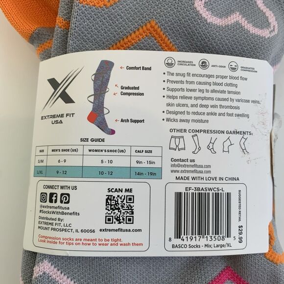 Extreme Fit Rx Compression Socks New L / XL Knee High Grey Pink Hearts - Picture 4 of 4